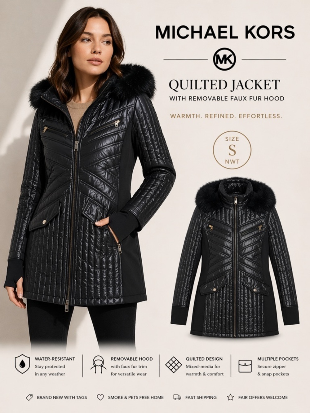 MICHAEL KORS Black Water Resistant Quilted Faux Fur Hood Jacket NWT Size S